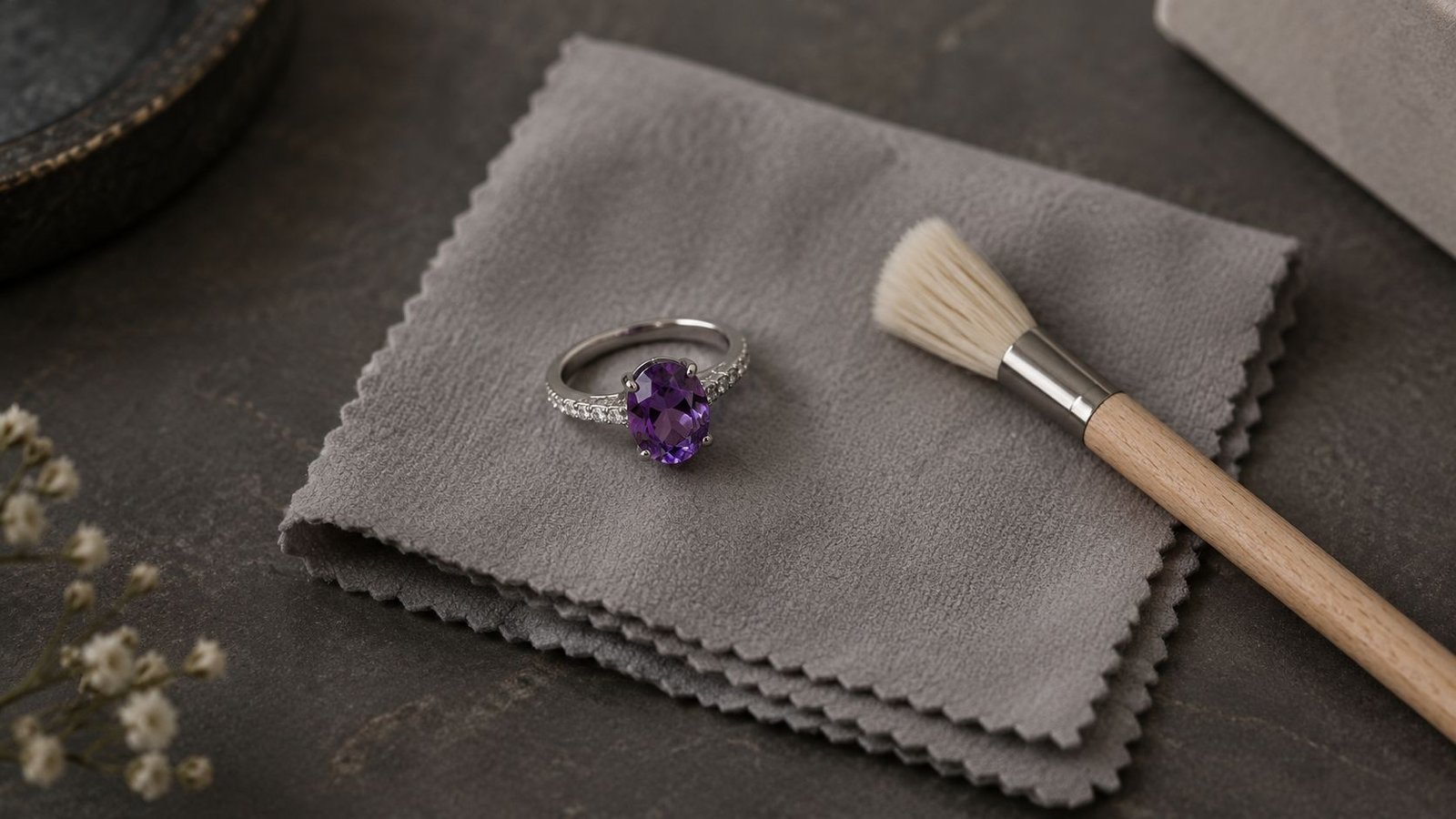 Purple lab grown diamonds jewellery shown with cleaning cloth and brush for everyday care