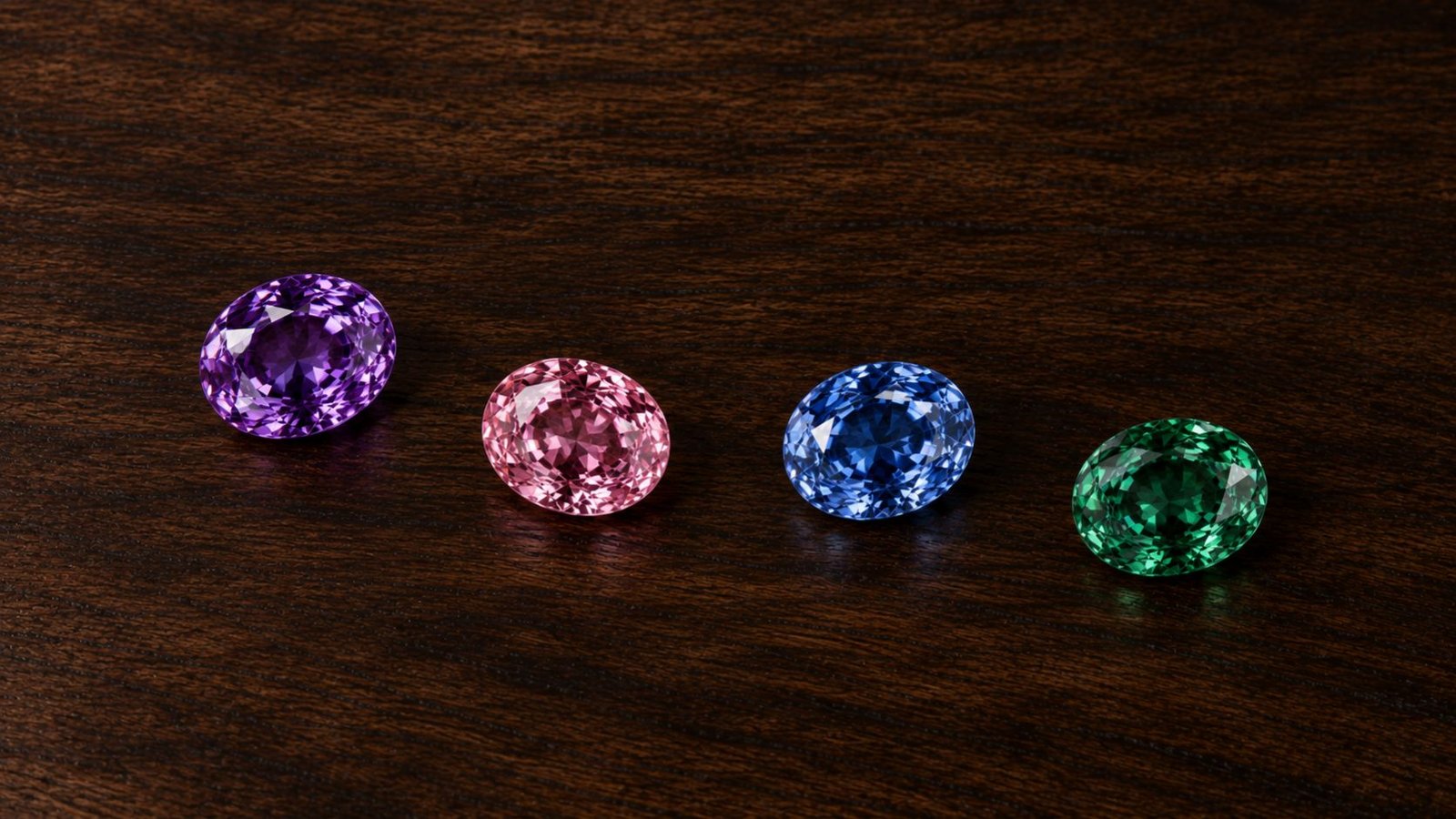 Purple lab grown diamonds compared alongside pink, blue, and green fancy colour diamonds