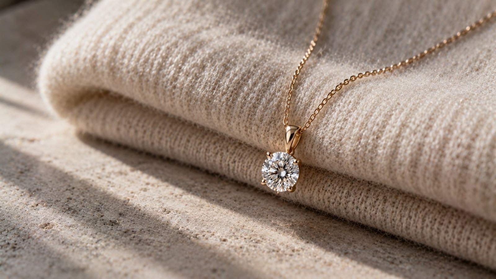 Quiet luxury lab grown diamond pendant on cashmere from miraartcollection.