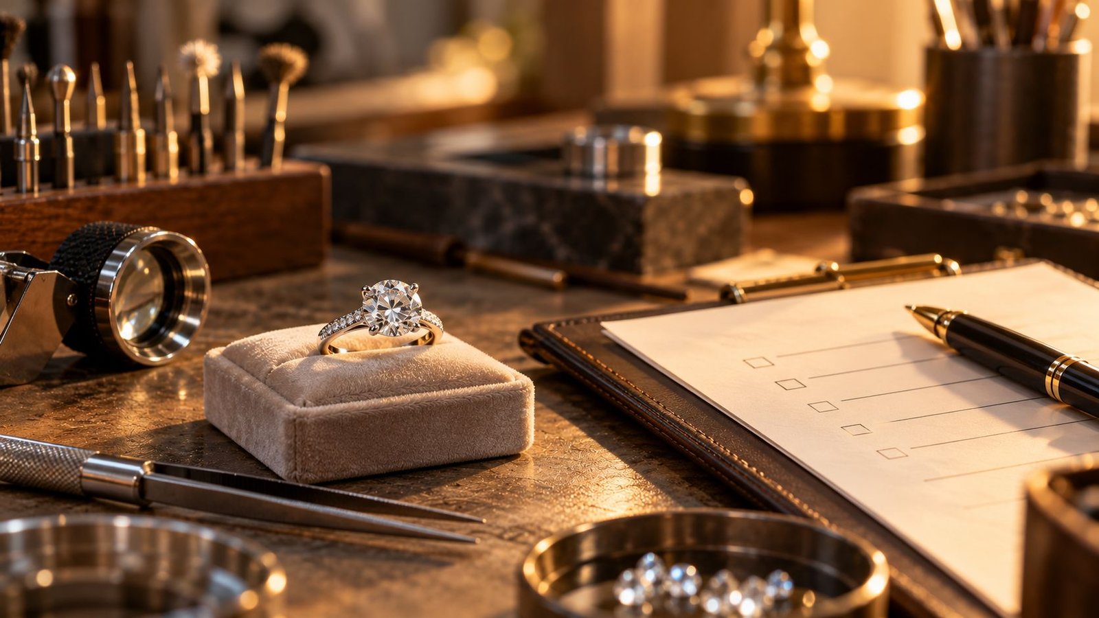 Jeweler's workbench with a diamond ring and folder representing responsible diamond sourcing certifications