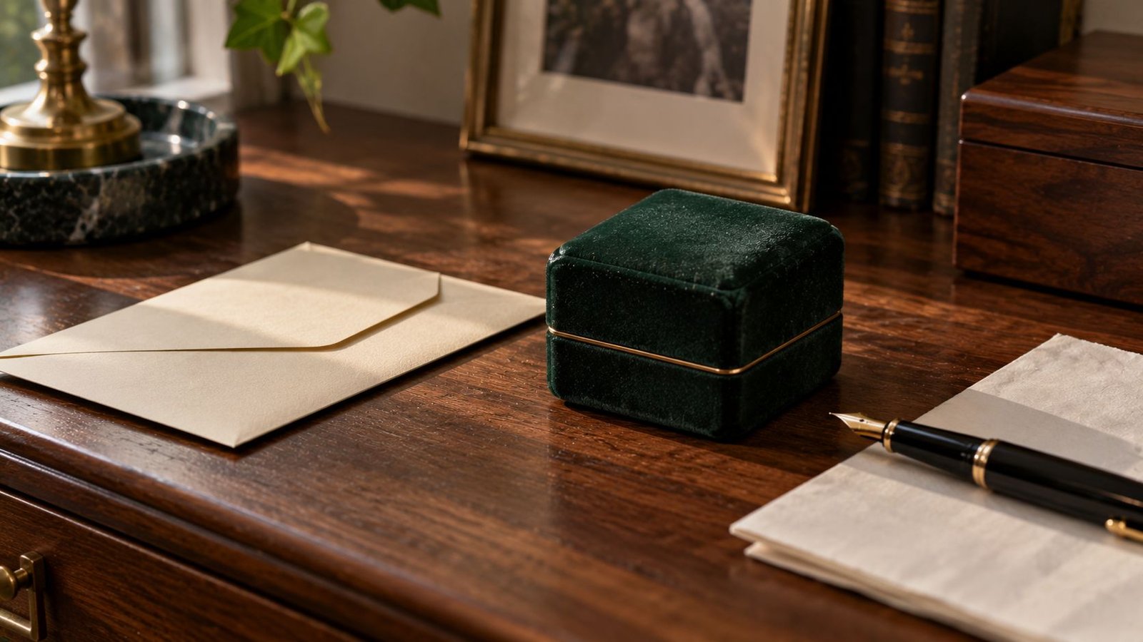 Ring box, receipt and envelope on a desk representing UK consumer rights when buying a lab grown diamond, from miraartcollection.