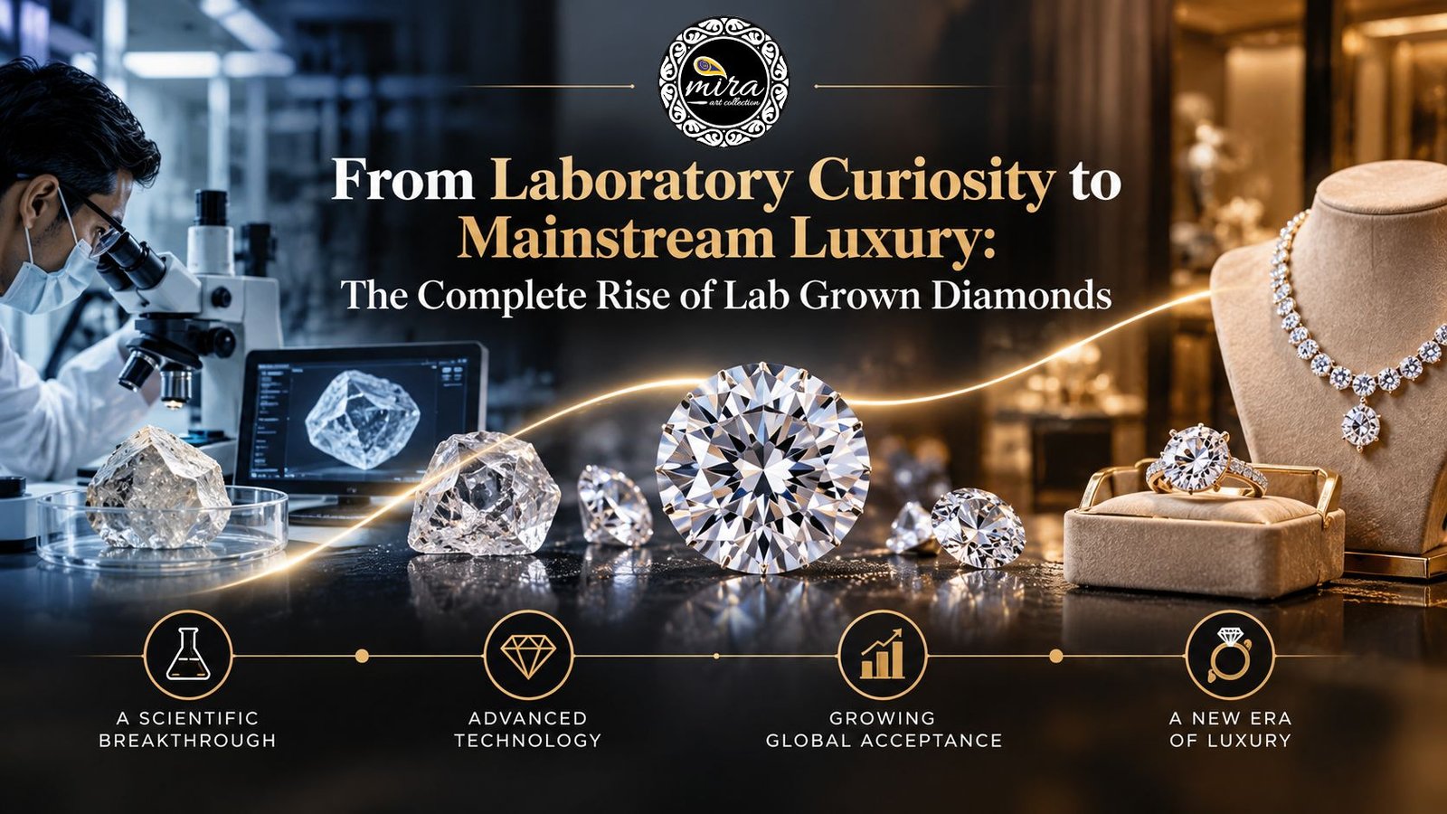 A laboratory scientist examining diamond samples beside rough and polished lab-grown diamonds, with a luxury jewellery display on the right, illustrating the evolution of lab-grown diamonds from scientific research to mainstream luxury in Mira Art Collection’s guide.