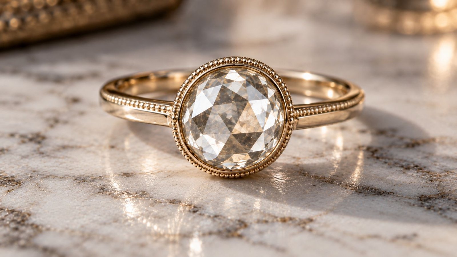 Rose cut diamond set in a low bezel setting with milgrain detailing