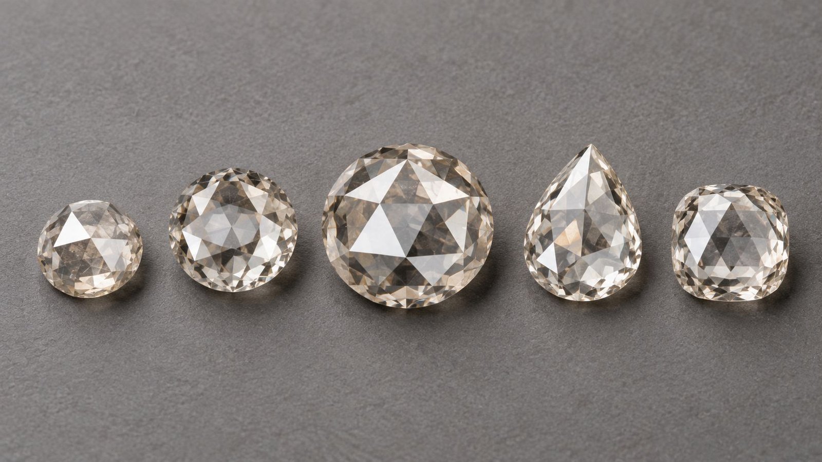 Rose cut diamonds shown with varying facet counts and styles