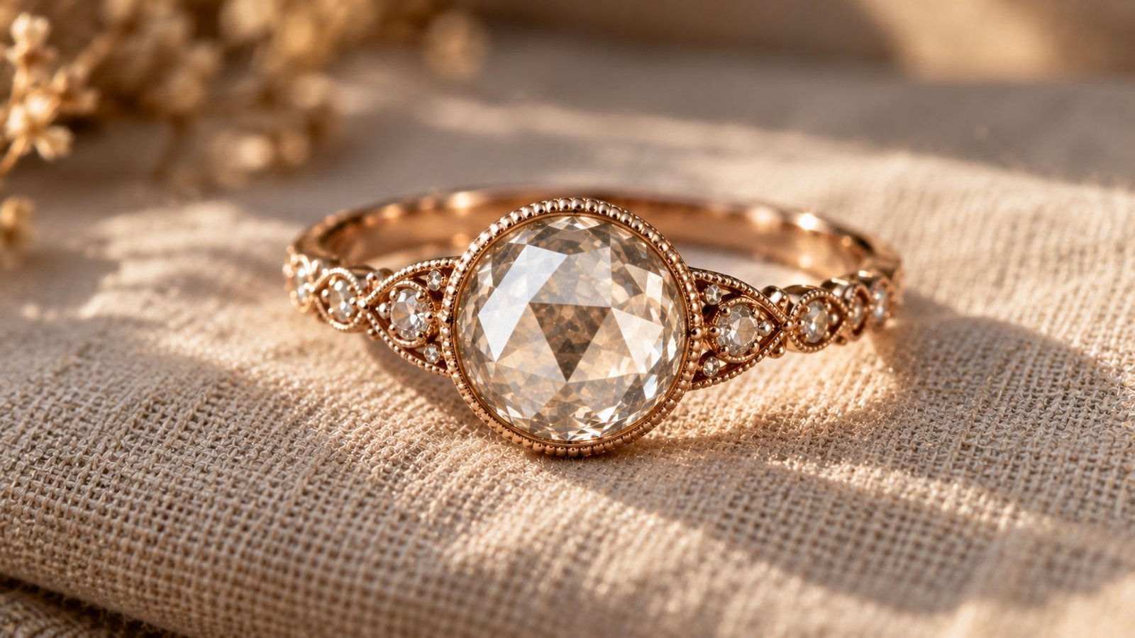 Rose cut lab-grown diamond ring styled in a vintage-inspired rose gold setting