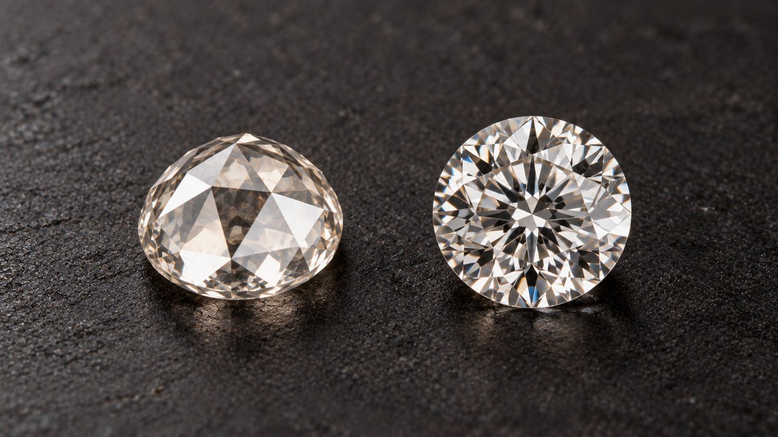 Rose cut diamond compared beside a round brilliant cut diamond