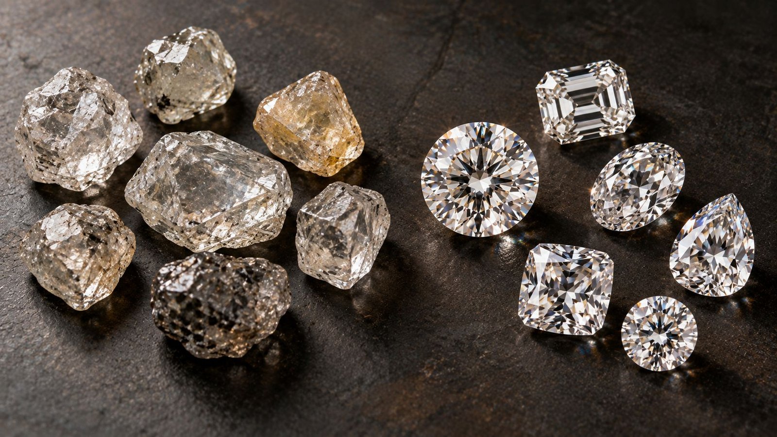 Rough natural diamonds beside polished lab-grown diamonds representing the shifting market 