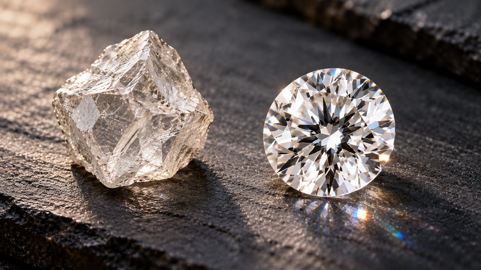 Rough uncut diamond next to a polished diamond showing what conflict-free diamond certification covers
