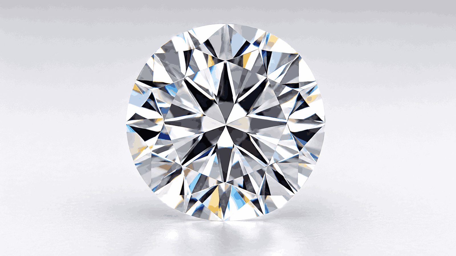 Round brilliant cut lab grown diamond showing 58 facets and light reflection