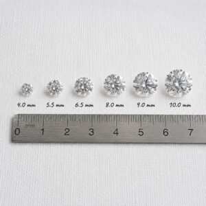 Round lab grown diamond size comparison chart showing 4.0mm, 5.5mm, 6.5mm, 8.0mm, 9.0mm and 10.0mm diamonds with a millimeter ruler for accurate sizing.