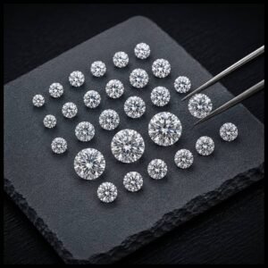Collection of certified round brilliant loose lab grown diamonds displayed on a black slate with precision tweezers for wholesale diamond selection.