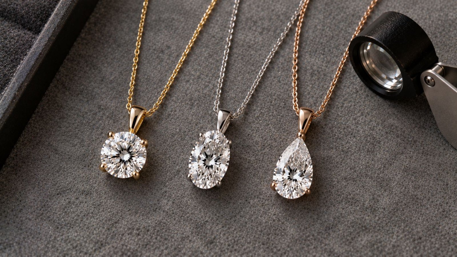 Round, oval and pear lab grown diamond pendants compared for a floating solitaire necklace from miraartcollection.