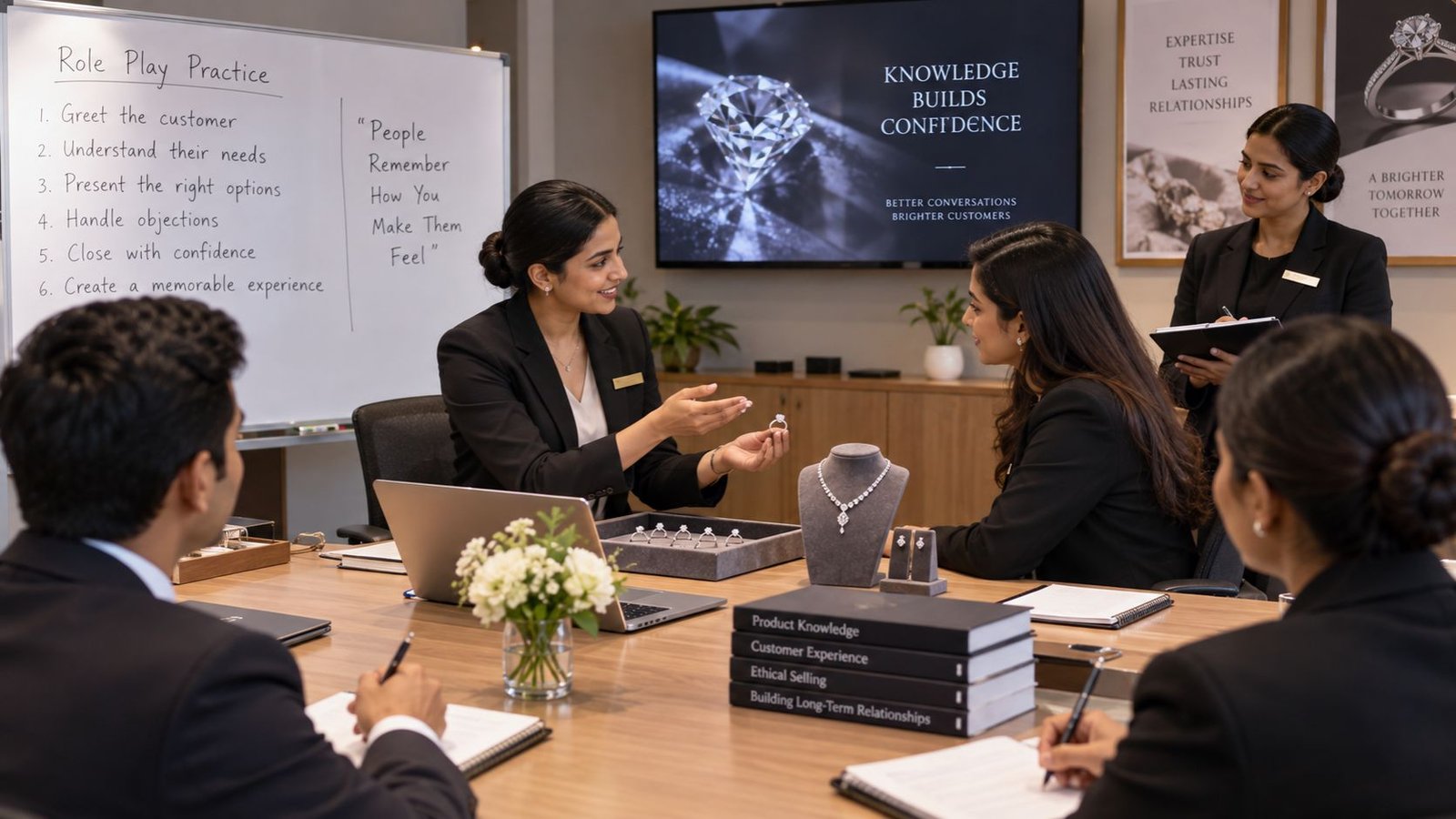 Sales team practicing scripts for handling diamond sales objections