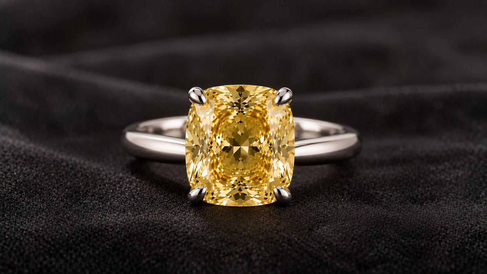 Single fancy yellow diamond solitaire ring in platinum setting