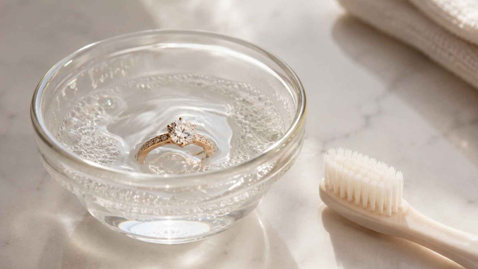 Diamond ring soaking in warm soapy water as part of an at-home cleaning routine