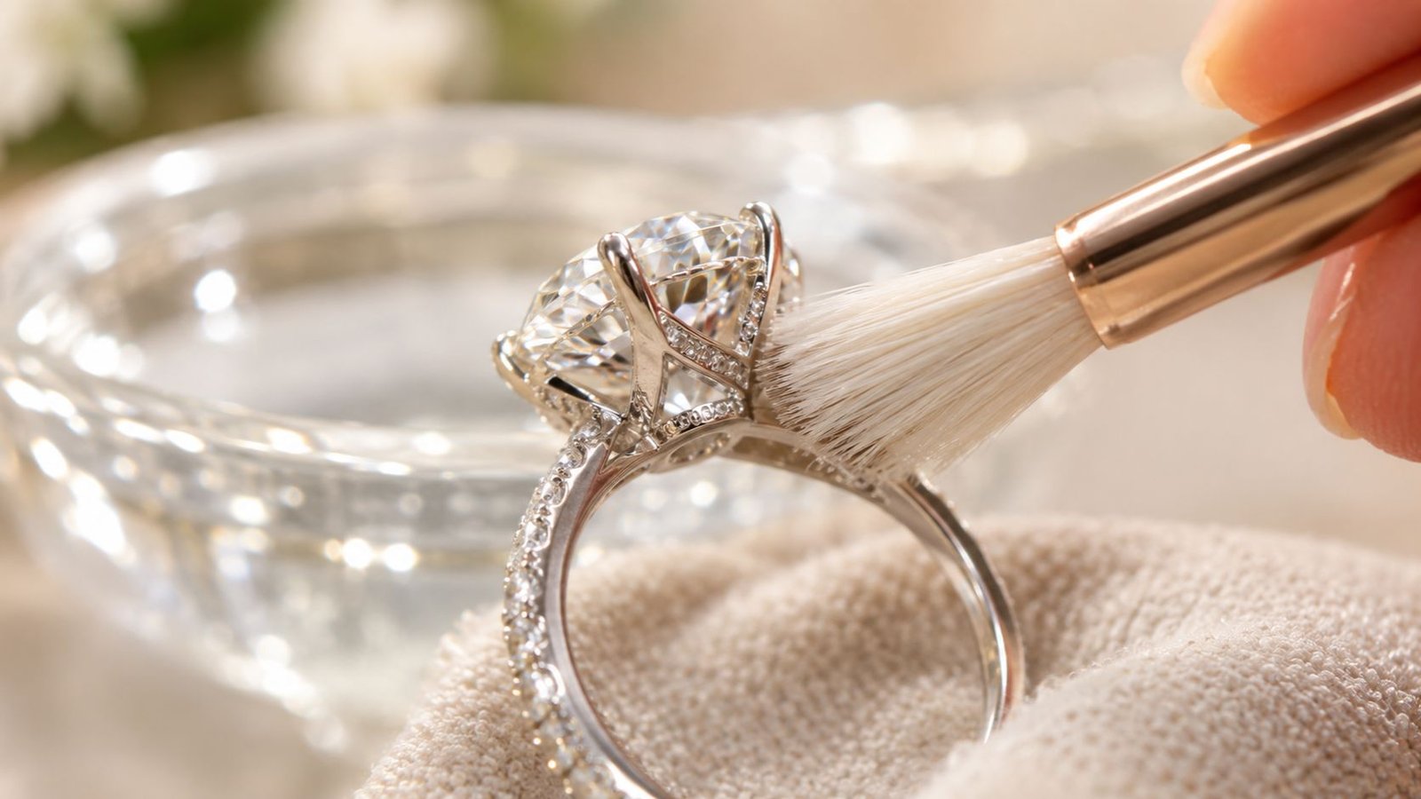 Soft-bristled brush gently cleaning a diamond ring setting