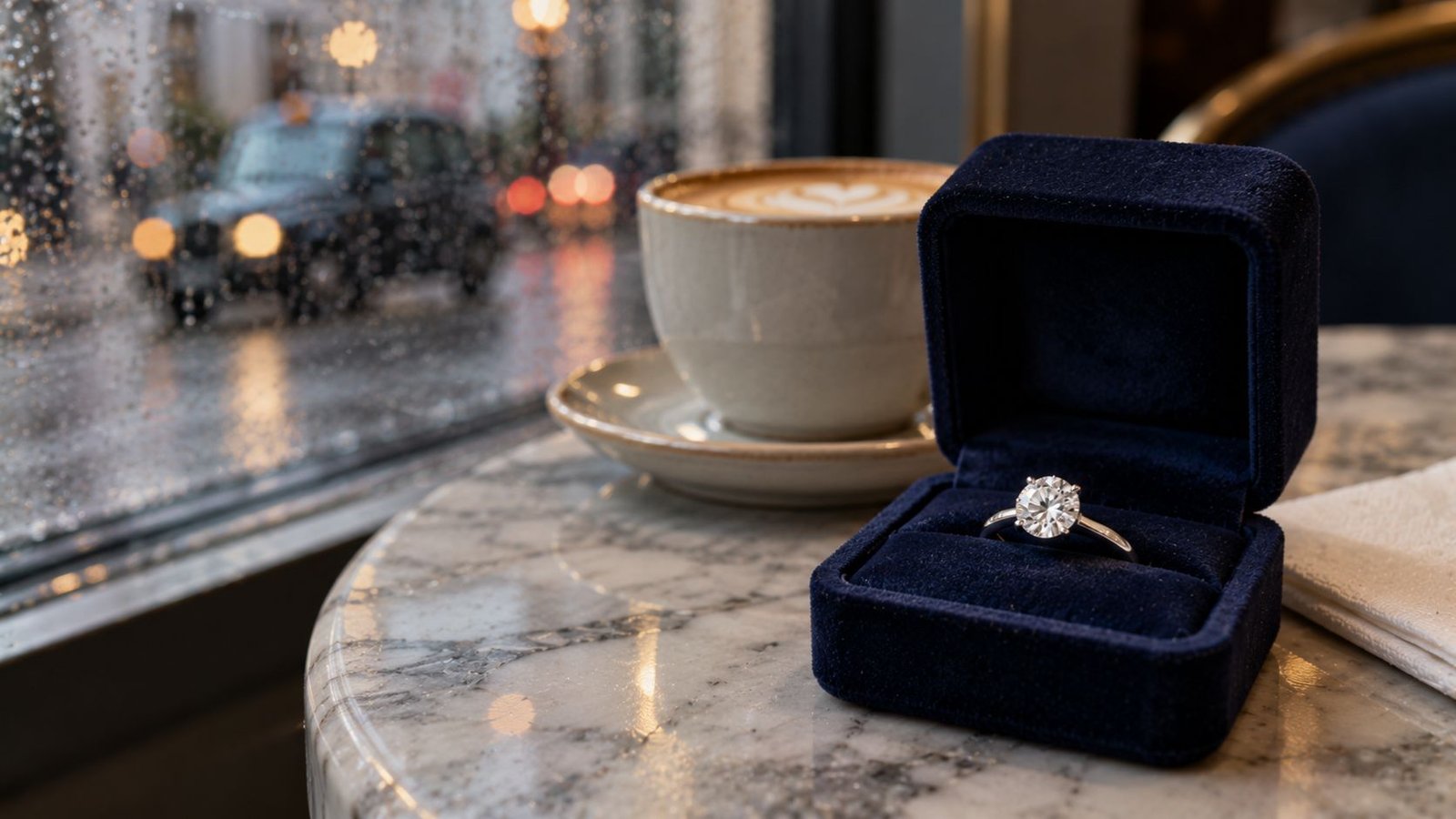 One carat solitaire ring in a velvet box on a café table showing UK engagement ring budgets from miraartcollection.