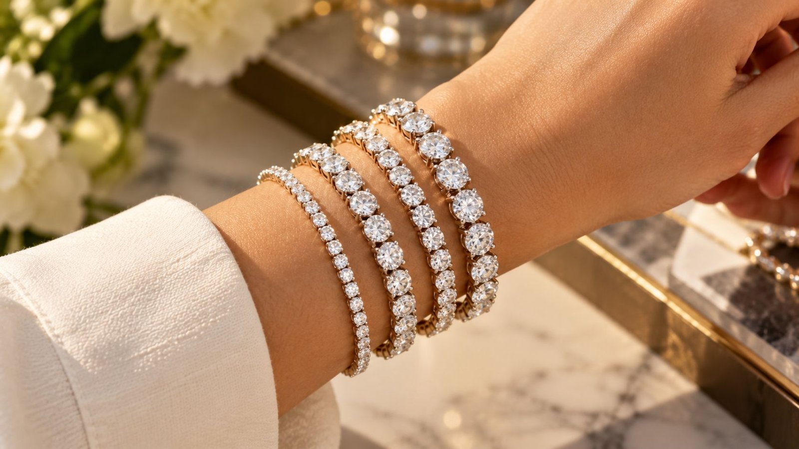 Multiple tennis bracelets stacked together as a layering trend