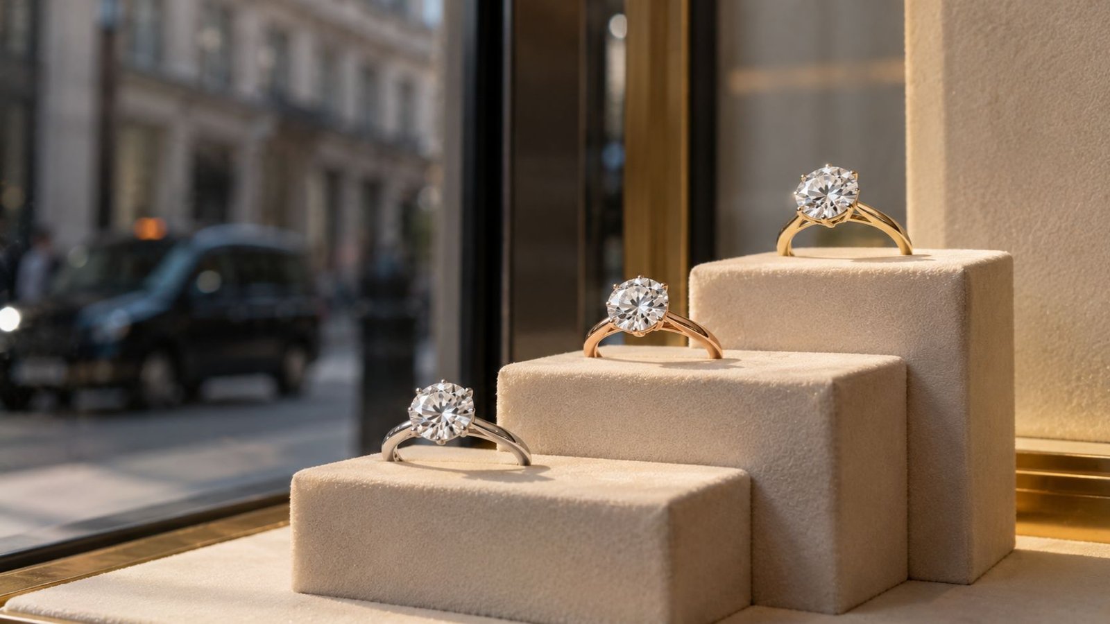 Three solitaire rings on a stepped display representing value, mid-range and premium tiers from miraartcollection.