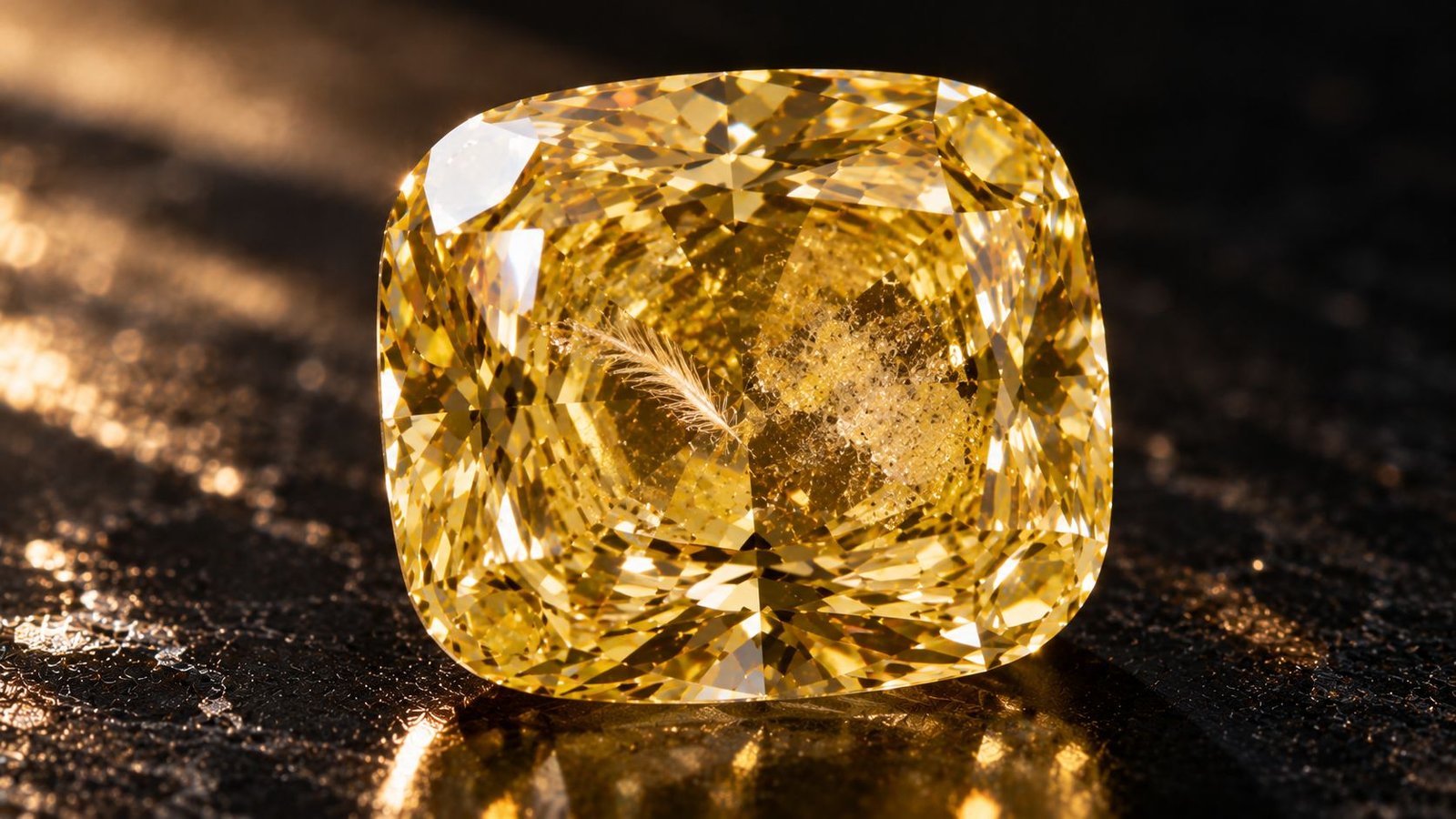 Fancy colour diamond with a visible internal feather, showing when clarity begins to affect appearance and value