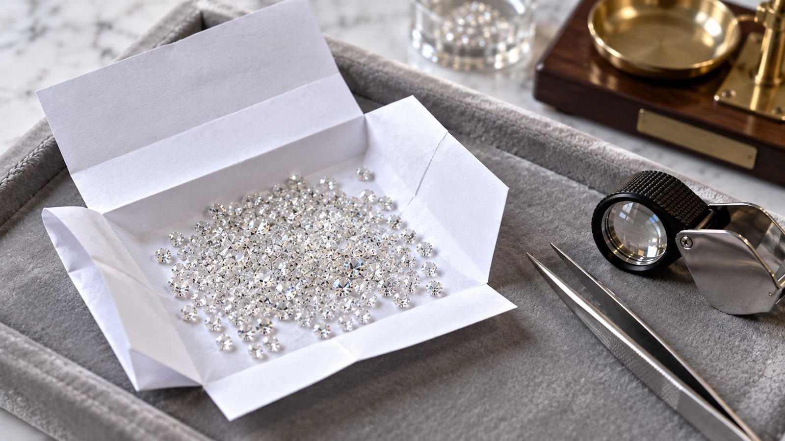 Opened diamond paper packet holding a small group of loose diamonds on velvet