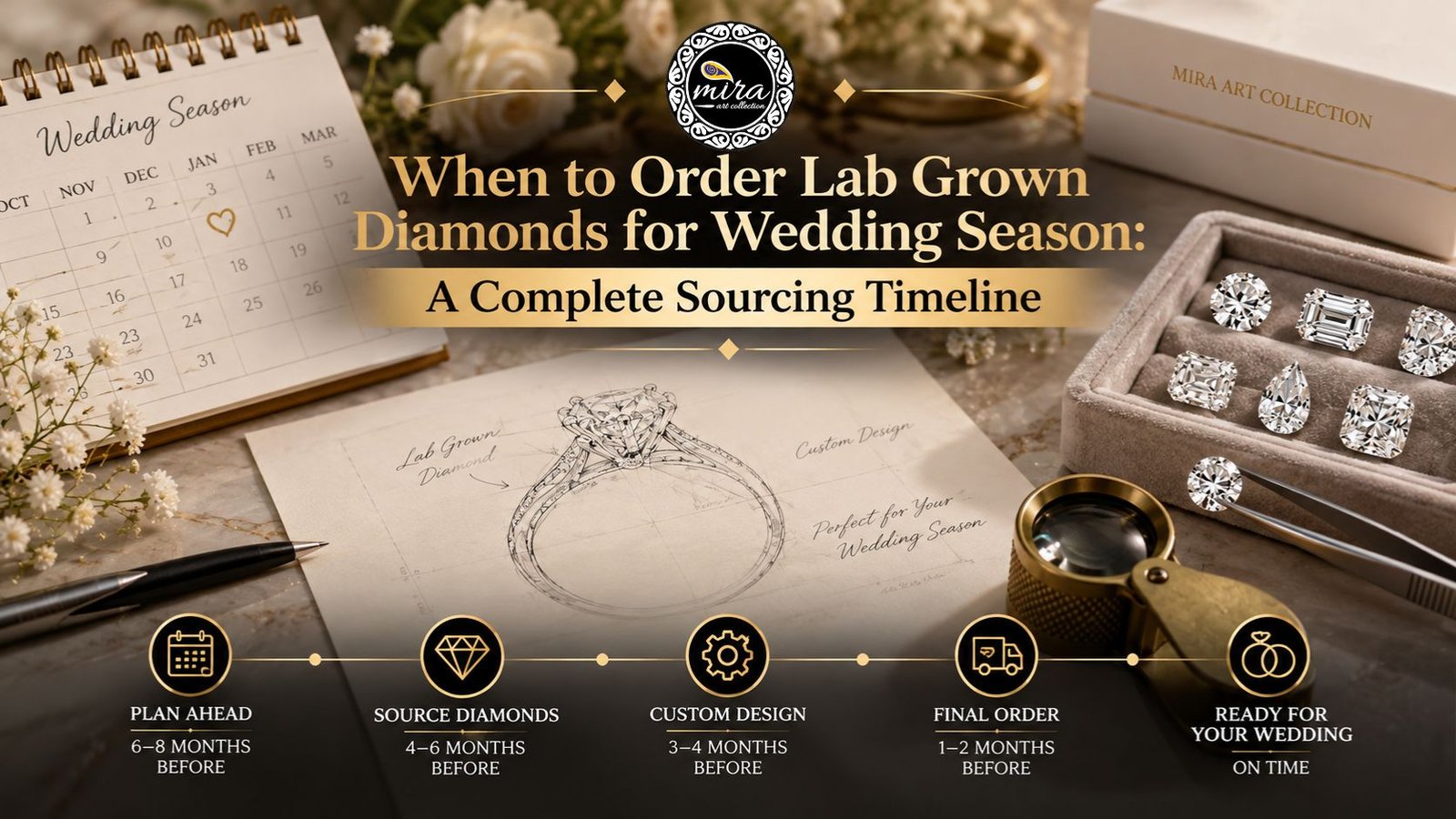 A wedding-season sourcing timeline featuring a diamond ring design sketch, loose lab-grown diamonds in a velvet jewellery tray, a calendar, and a jeweller’s loupe, with gold icons marking planning, diamond sourcing, custom design, final ordering, and wedding readiness in Mira Art Collection’s guide.