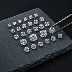 Wholesale cushion cut lab grown diamonds arranged by size on a dark stone tray with tweezers.