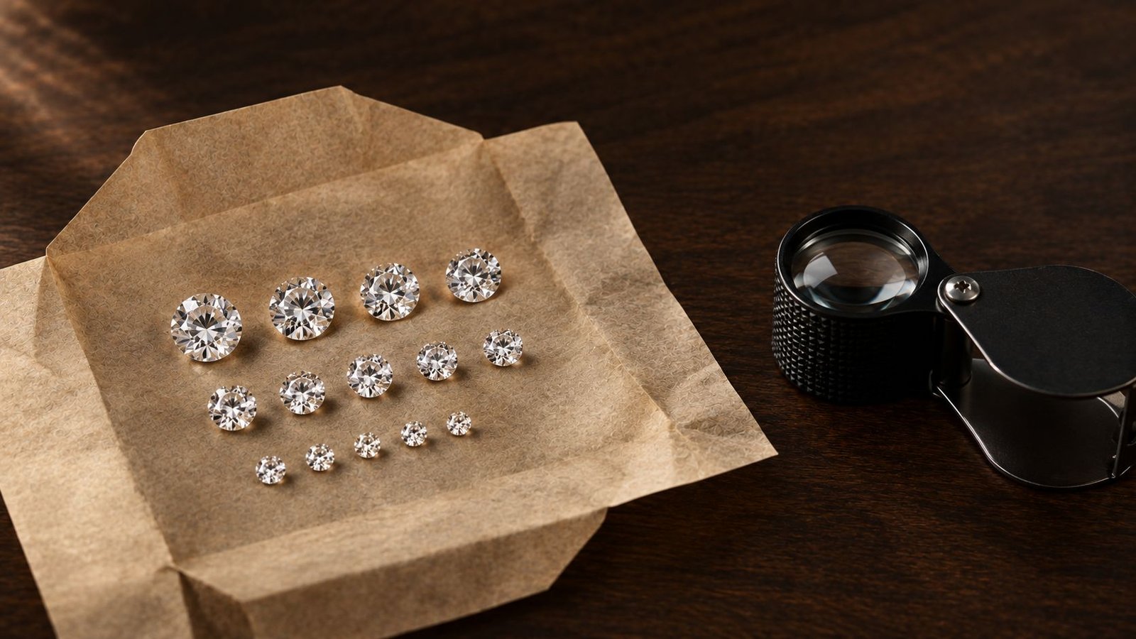 Wholesale diamond inventory of loose sorted stones displayed in an open parcel paper