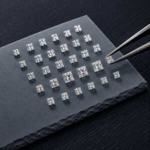 Wholesale princess cut lab grown diamonds arranged by size on a dark stone tray with tweezers.