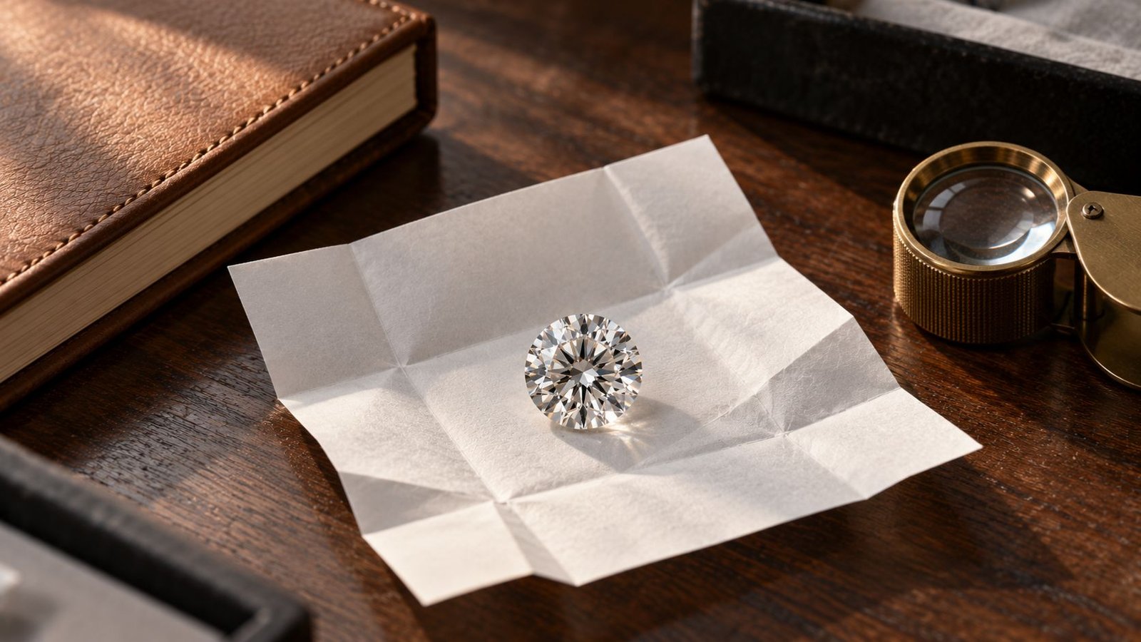 loose lab grown diamond on parcel paper beside a ledger, showing why quotes for a 1 carat diamond vary