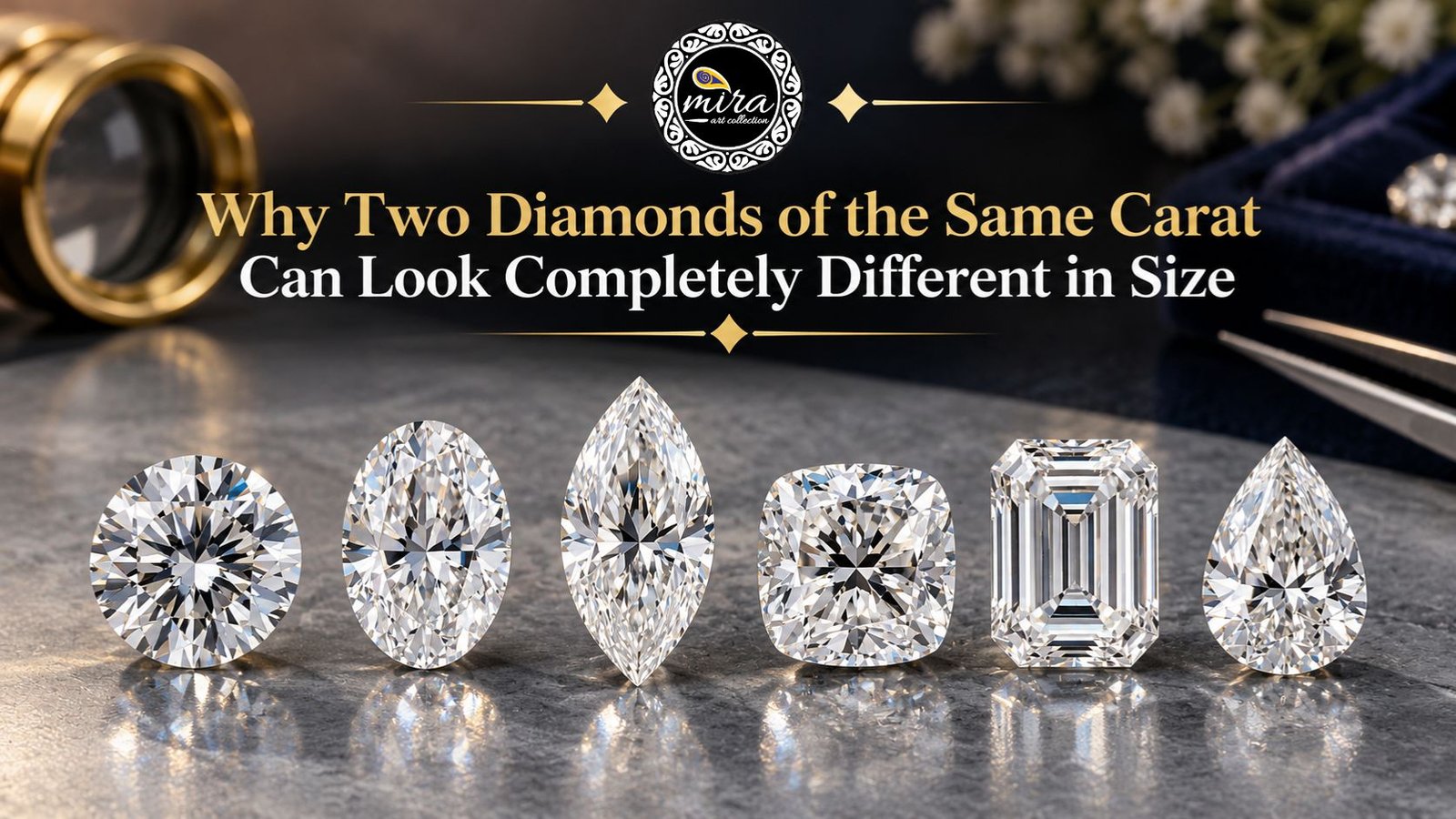 Six lab-grown diamonds in round, oval, marquise, cushion, emerald, and pear cuts displayed on a reflective surface beneath the Mira Art Collection logo, illustrating how diamonds with the same carat weight can appear different in size.