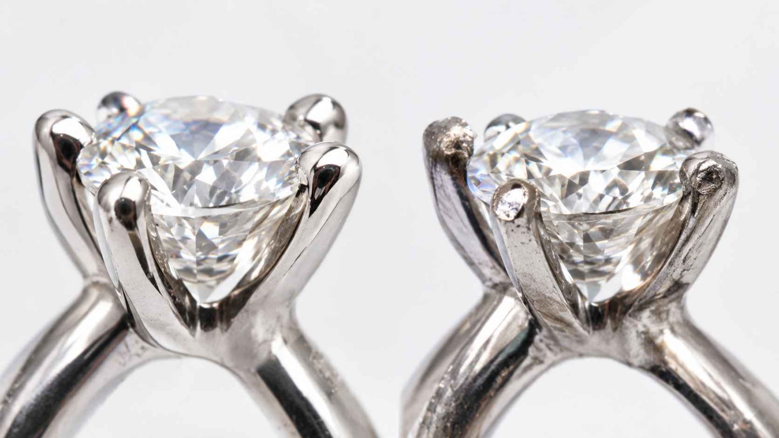 Comparison of a worn thin prong versus a secure prong holding a diamond