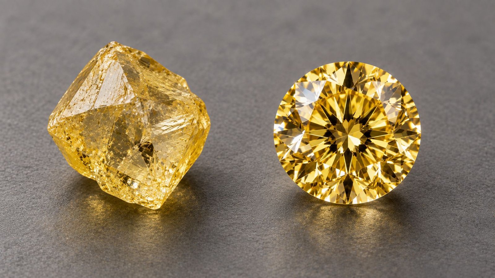 Raw and polished Yellow Lab Grown Diamonds showing color formation