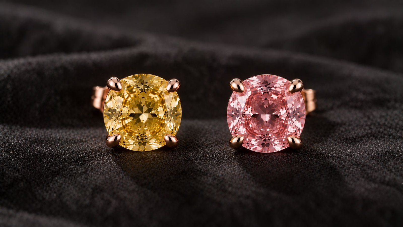 Stud earrings pairing a yellow diamond and a pink diamond in rose gold